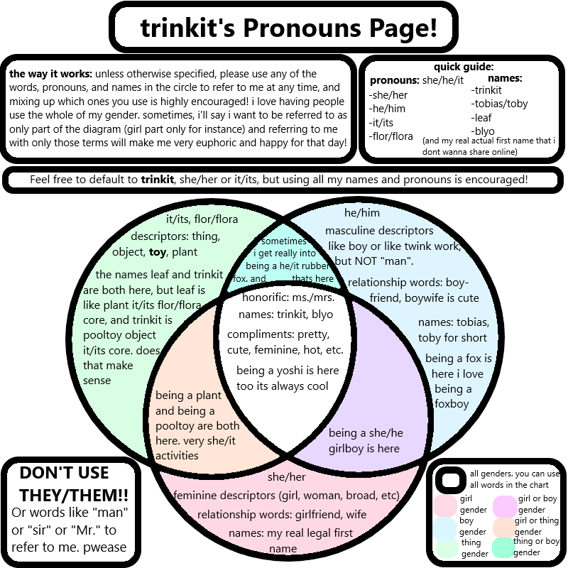 An image of a Venn Diagram that displays my pronouns and other gender-related things.